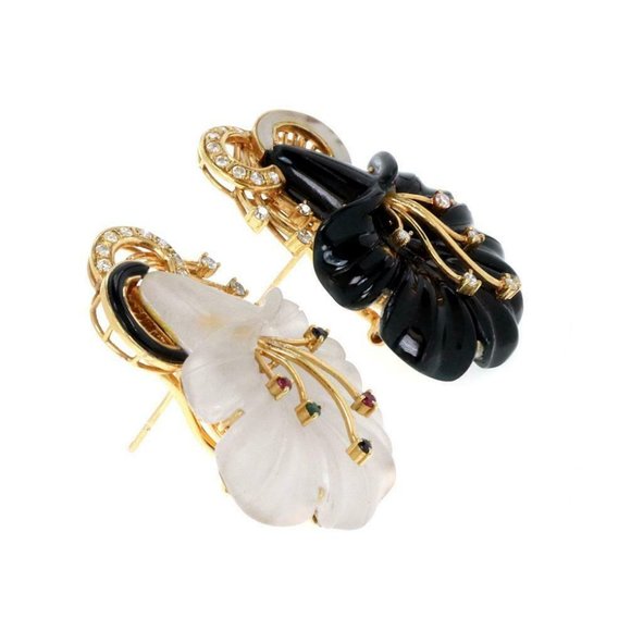 Diamond Onyx Frosted Crystal Gems 18kGold Earrings - Picture 3 of 4